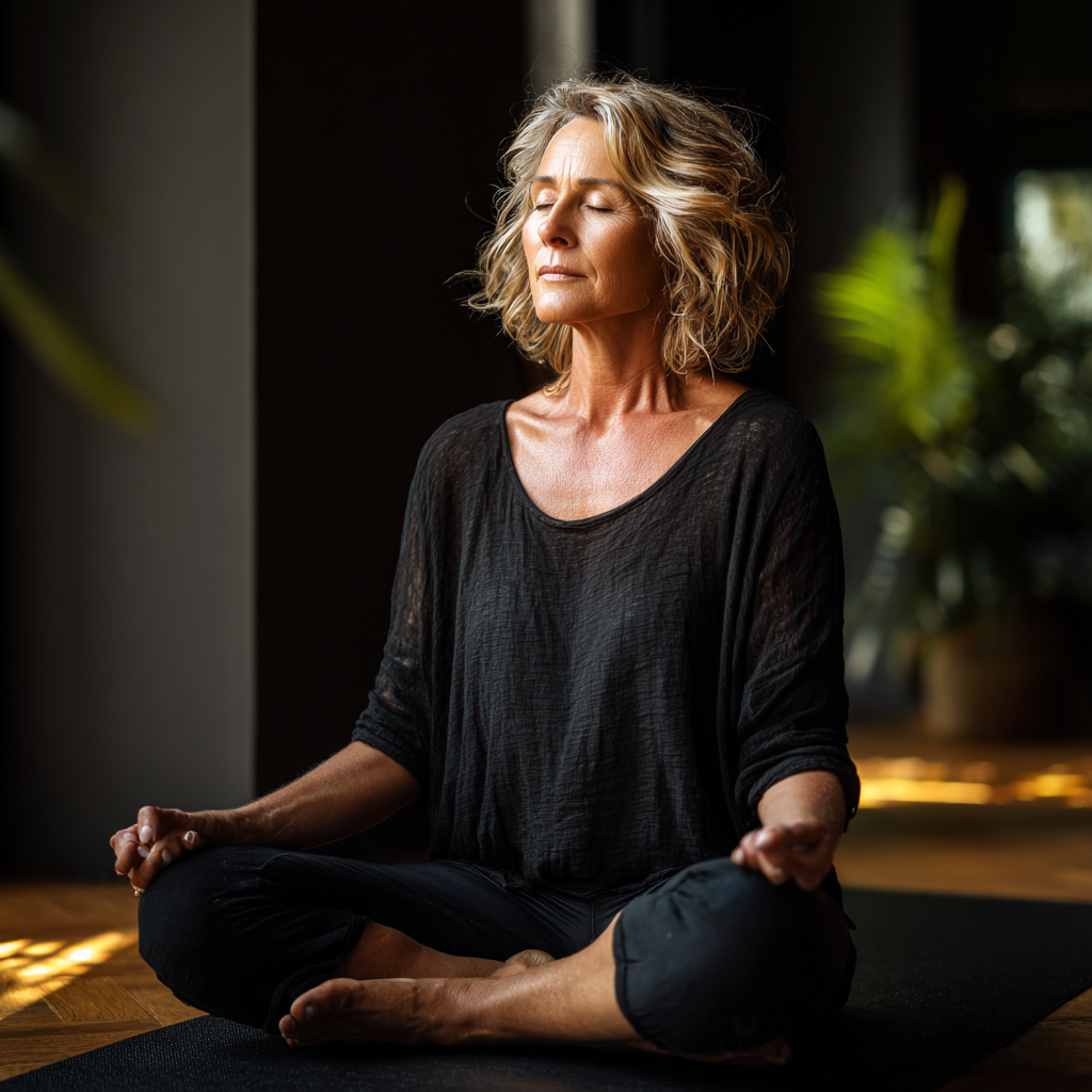 Mature woman practicing mindful yoga meditation in peaceful studio environment